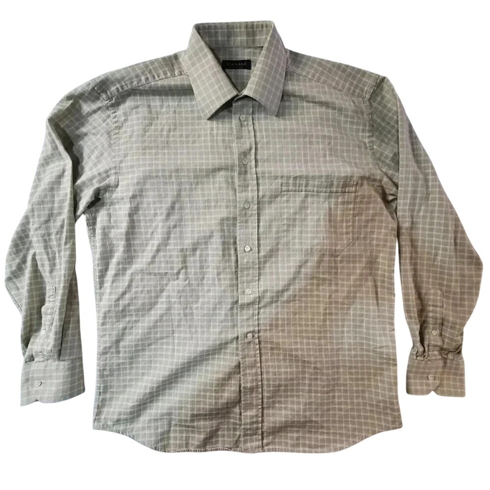 Canali Long Sleeve Button Front Shirt Italy Brown Checkered Size 42 16 1/2